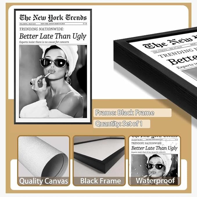 Framed Better Late Than Ugly Wall Decor Vintage Newspaper Wall Art Black and - Image 3