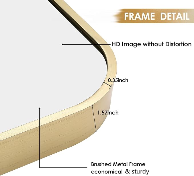 30x36 Inch Gold Bathroom Mirror, Brushed Gold Metal Framed Rectangular Mirror - Image 4