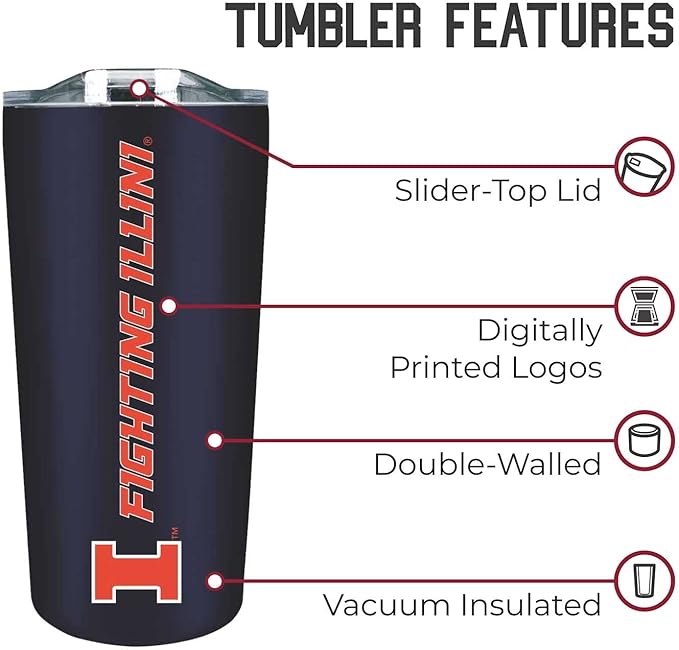 Campus Colors NCAA Stainless Steel Tumbler perfect for Gameday - 18 oz - Double Walled - Keeps Drinks Perfectly Insulated (Illinois Fighting Illini - Navy)