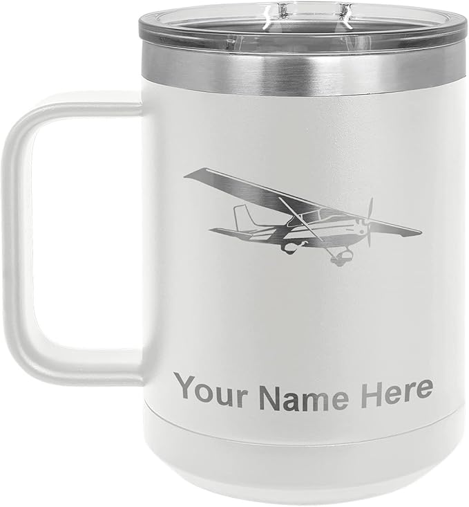 LaserGram 15oz Vacuum Insulated Coffee Mug, High Wing Airplane, Personalized Engraving Included (White)