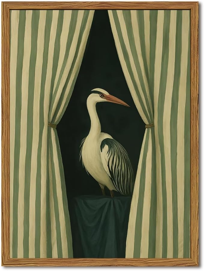 Framed Moody Heron Wall Art, Eclectic Vintage Bird Pictures Wall Decor Paintings by Unknown
