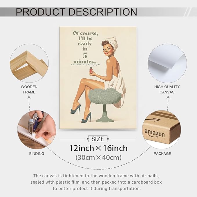 Boho Sage Green Bathroom Poster Vintage 70s Pin Up Girl Wall Art 12X16 inch - Image 2