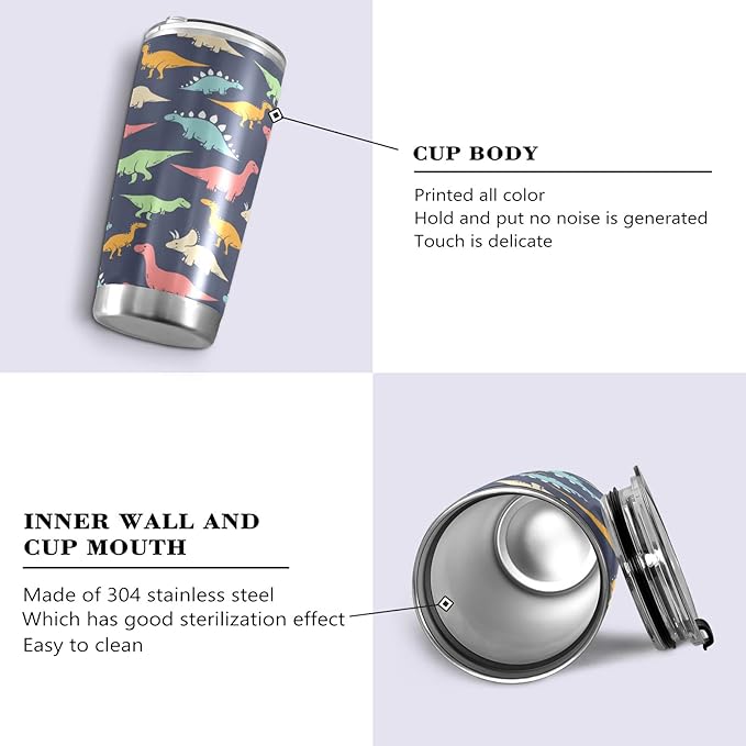 Tumbler Stainless Steel Vacuum Insulated Cup Double Walled, Simple Thermos Colorful Dinosaur Pattern Travel Mug for Coffee, Beverages, Tea with Straw and Lid