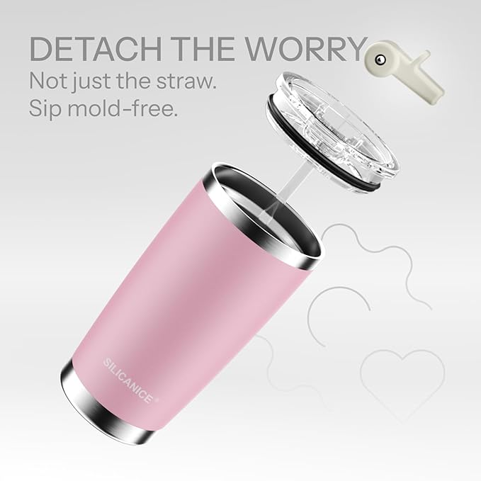 Easy Clean Pro 20 Ounce Coffee Tumbler with Removable Flip Straw, Leak Resistant, Reusable Insulated Stainless Steel, Lipstick residue washable, Gifts for kid, Women & Girl -Pink sand