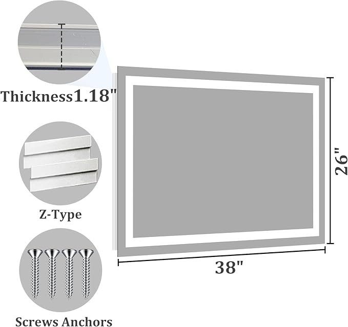 Koonmi 38"x26" LED Mirror for Bathroom, 90CRI Anti-Fog Vanity Mirror - Image 8