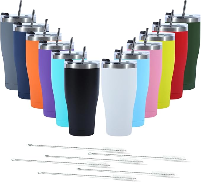 12 Pack Travel Coffee Tumbler 30 oz, Stainless Steel Mug with Lid and Straw, Insulated Cup for Water, Tea, Hot and Cold Drinks (Mixed color)