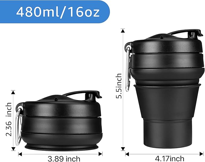 Collapsible Coffee Cup, 16 OZ 480ml Silicone Travel Folding Cup, Leak Proof BPA Free Portable Cup, Travel mug with Lids for Camping hiking