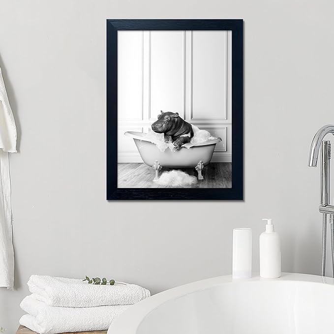 Black and White Bathroom Decor Funny Hippo in Bathtub Wall Art Framed Humor - Image 8
