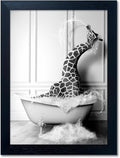 Black and White Bathroom Wall Art Funny Giraffe in Bathtub Wall Decor Framed by Melpa+Art