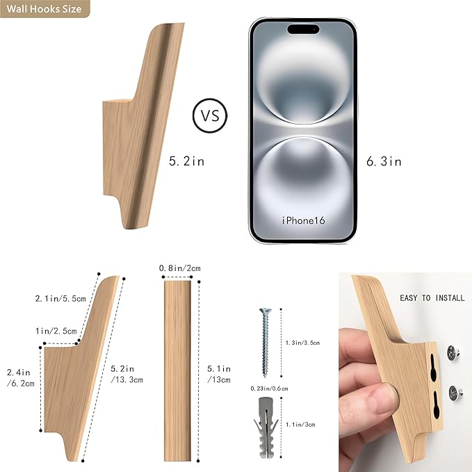 Wood Wall Hooks 4 Pack Coat Hooks Wall Mount Natural Wooden Hooks - Image 3