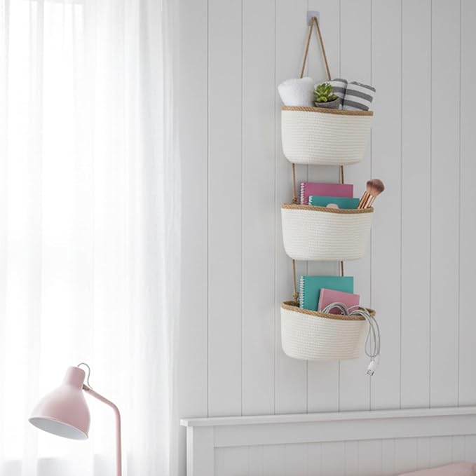 TeoKJ Over the Door Hanging Basket, 3-Tier Woven Cotton Wall-Mounted Storage - Image 5