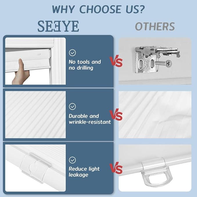 SEEYE No Drill Cordless Cellular Shades, Light Filtering Honeycomb Blinds - Image 4