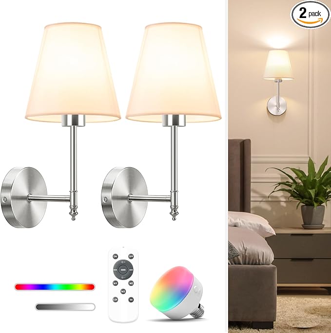 NIORSUN 14.5 inch Battery Operated Wall Sconce Set of 2, Brushed Nickel by NIORSUN