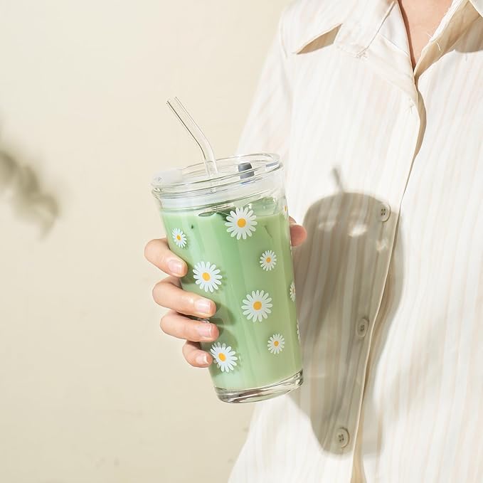 15oz Glass Tumbler with Glass Straw and Lid, Cute Iced Coffee Cups, Aesthetic Glass Cups, Coffee Tumbler, Water Cup, Matcha Cup, Drinking Glasses (Daisy)