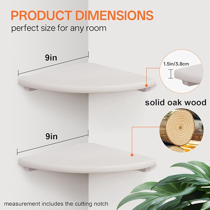 Gieanoo Floating Corner Shelves Set 2 9inch White Solid Oak Rounded Corner - Image 2