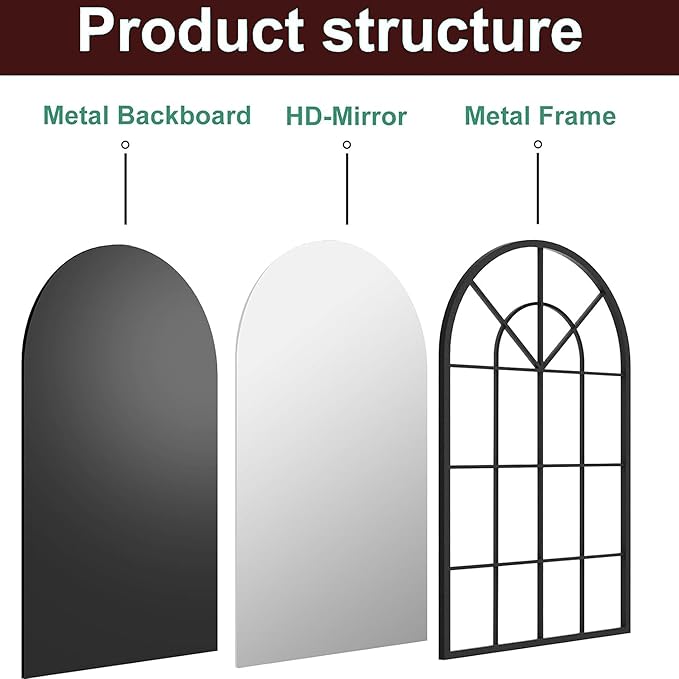 Dewfig Arch Wall Mirror Mounted Decorative, Arched Window Pane Mirror - Image 8