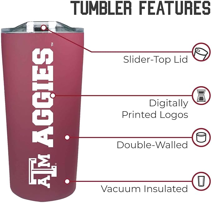 Campus Colors NCAA Stainless Steel Tumbler perfect for Gameday - 18 oz - Double Walled - Keeps Drinks Perfectly Insulated (Texas A&M Aggies - Maroon)