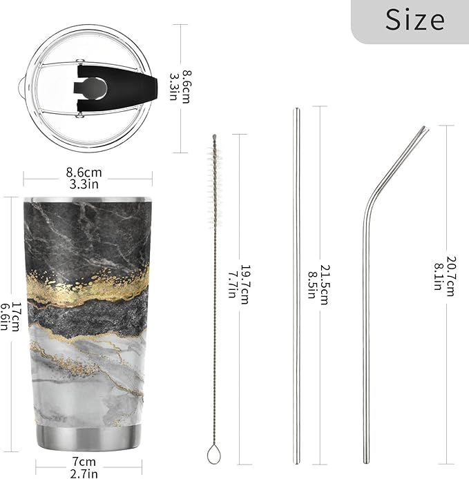 Tumbler Stainless Steel Vacuum Insulated Cup Double Walled, Simple Thermos Gold Black Marble Travel Mug for Coffee, Beverages, Tea with Straw and Lid