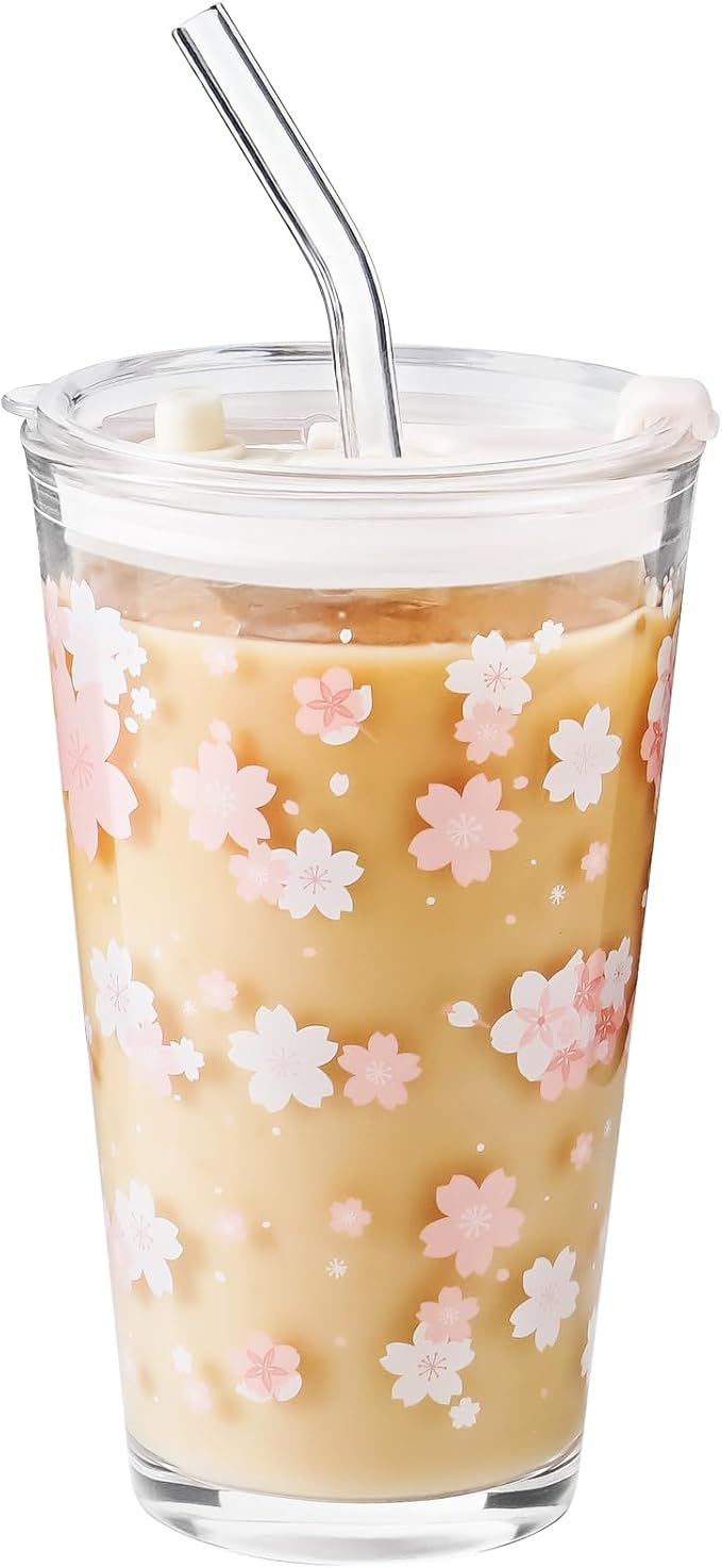 15oz Glass Tumbler with Glass Straw and Lid, Cute Iced Coffee Cups, Aesthetic Glass Cups, Coffee Tumbler, Water Cup, Matcha Cup, Drinking Glasses (Cherry blossom)