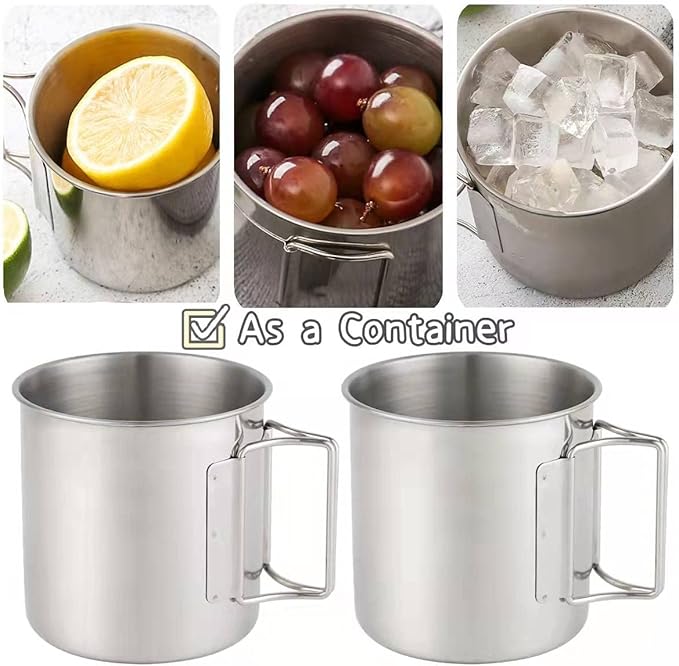 Hikaru Stainless Steel Camping Mugs Outdoors Cup with Foldable Handle 2 Piece Set 660ml/22.3oz Great for Backpacking , Hiking, Hunting, Fishing and Survival Adventure