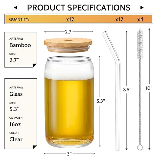 [ 12pcs Set ] Glass Cups with Bamboo Lids and Glass Straw - Beer Shaped Drinking Glasses, 16 oz Iced Coffee Glasses, Cute Tumbler Cup for Smoothie, Boba Tea, Whiskey, Water - 4 Cleaning Brushes