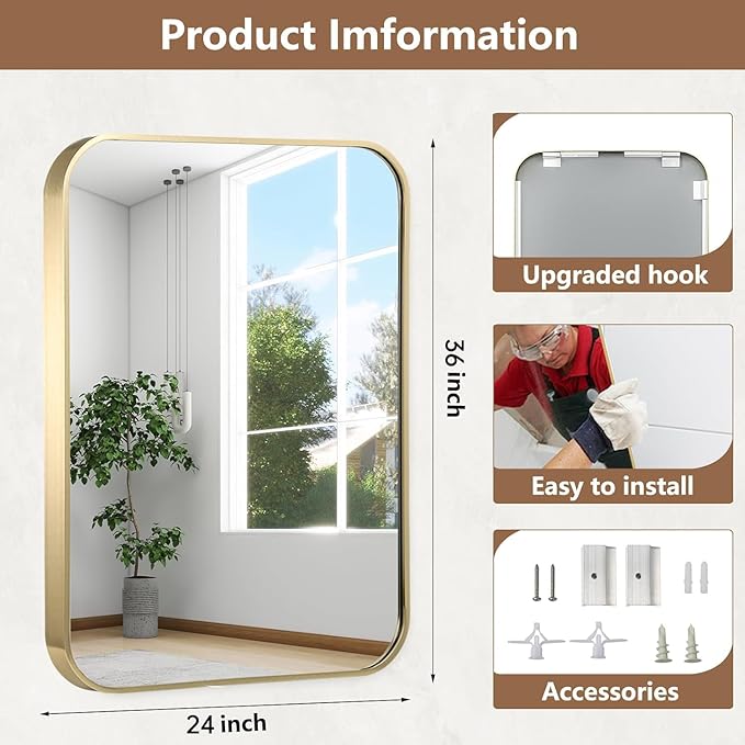 24x36 Inch Gold Bathroom Mirror, Brushed Gold Metal Framed Rectangular Mirror - Image 5