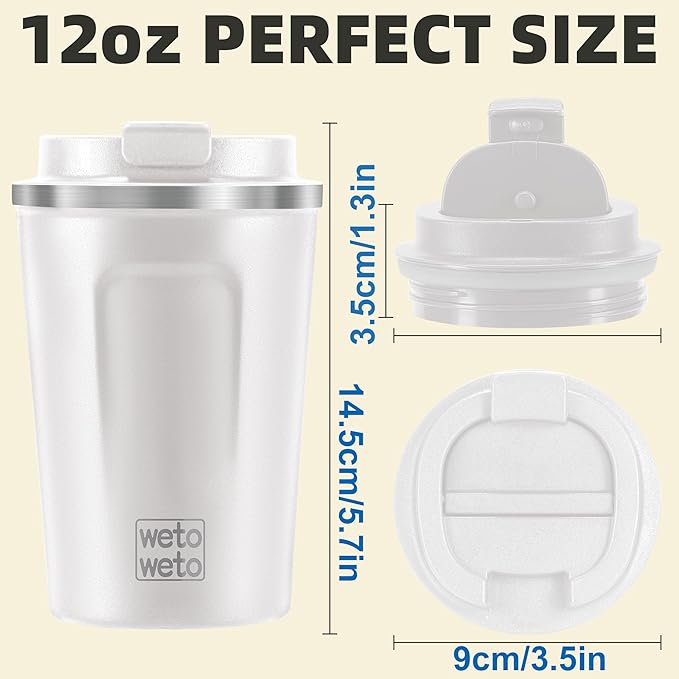 WETOWETO 12oz Reusable Coffee Cup, Coffee Travel Mug with Lid, Spill Proof Thermal Mug, Double-Walled Insulated Cup, Stainless Steel Portable Cup for Hot and Cold Drinks(White)
