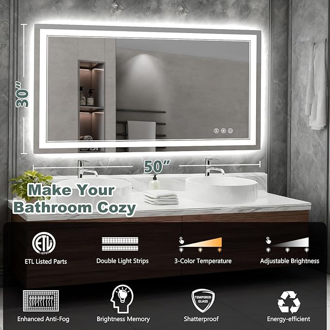50x30 Inch LED Bathroom Mirror - Image 2