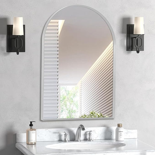24" x 32" Silver Arched Mirror, Arch Wall Mirror, Metal Frame Black Bathroom by Minuover
