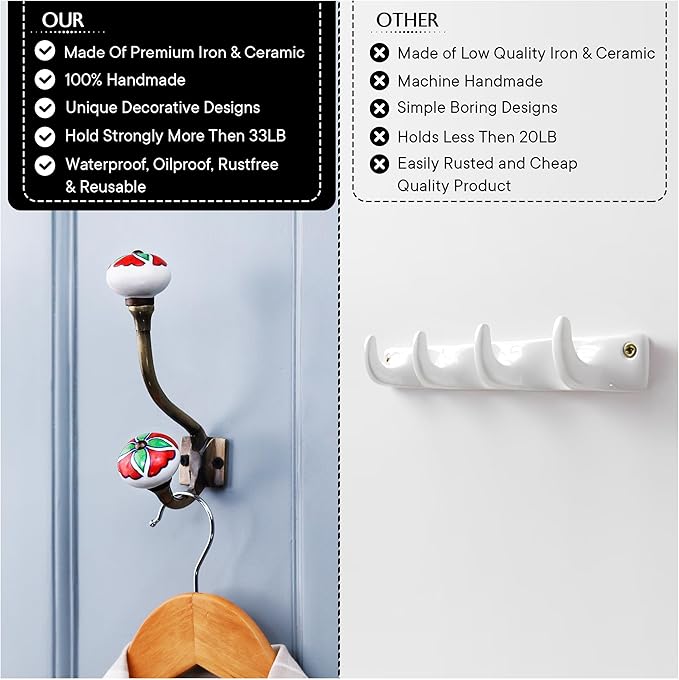 Indian Shelf Pack of 6 Heavy Duty Double Prong Multicolor Decorative Coat Hooks - Image 4