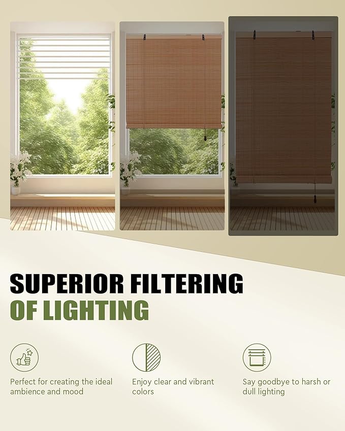 FoundGo Retro Bamboo Blinds 35" W x 64" H Bamboo Roman Shades Light Filtering - Image 2