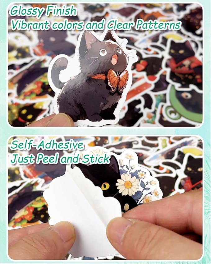 AOWDIAO 100 Pcs Black Cat Stickers Cute Cat Gifts Vinyl Cat Sickers for Water Bottles Laptop
