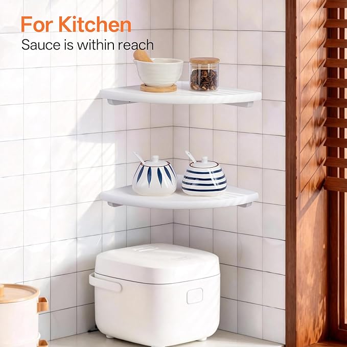 Gieanoo Floating Corner Shelves Set 2 12inch White Solid Oak Rounded Corner - Image 8