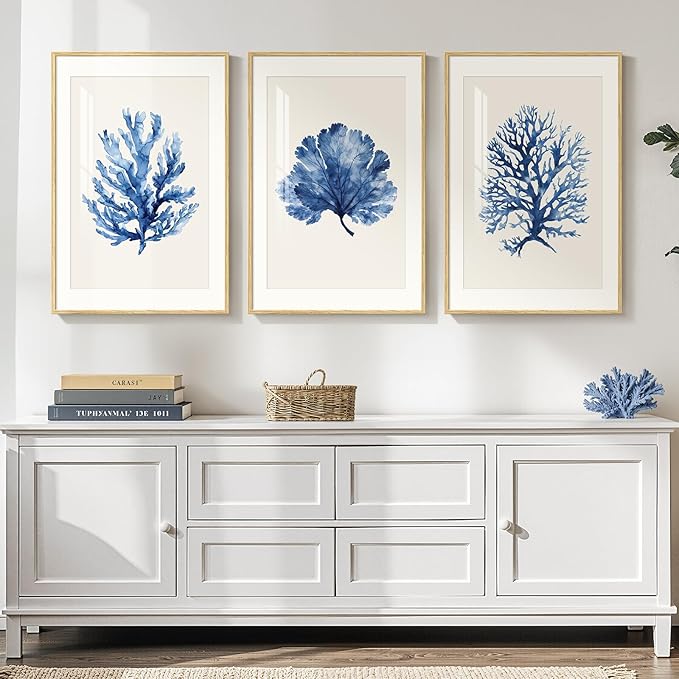 Framed Coastal Coral Wall Art for Living Room, Large Navy Blue Watercolor Coral - Image 2