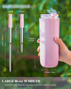 16 oz Insulated Coffee Tumblers, Travel Coffee Tumblers with Straw, Double-Wall Stainless Steel Tumbler, Leak Proof Tumbler, Reusable Cups with Lids for lced and Hot Drinks (Pink)