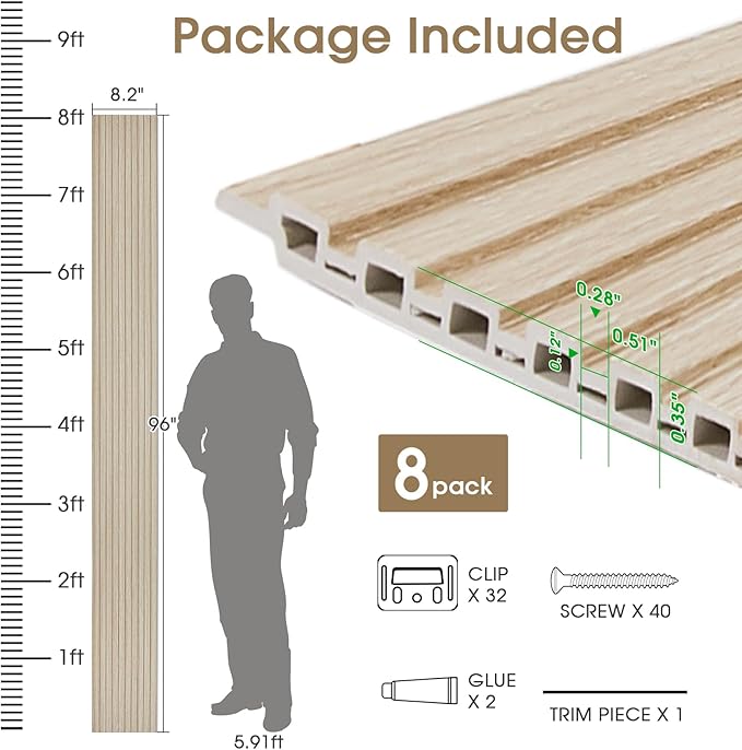 WPC Slat Wall Panels 8 Pack 96" x 8.2", Waterproof Fluted Wall Paneling - Image 5