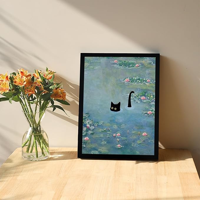 Fantasy Artists Monet Water Lilies Cat Wall Art, Framed Vintage Canvas Art Wall - Image 2