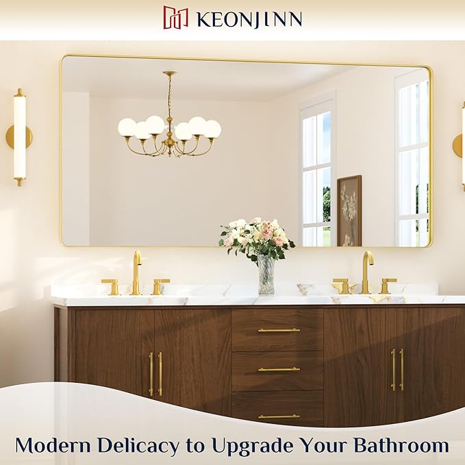 Keonjinn Brushed Gold Bathroom Mirror 72” x 36” Large Gold Bathroom Vanity - Image 2