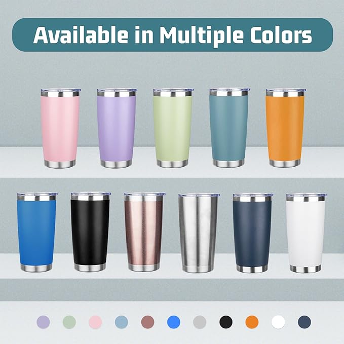 20 oz Tumbler with Lids and Straws, Stainless Steel Insulated Travel Coffee Mug, Double Wall Vacuum Insulated Tumblers, Powder Coated Coffee Tumbler for Cold & Hot Drinks (Sea Blue, 4 Pack)