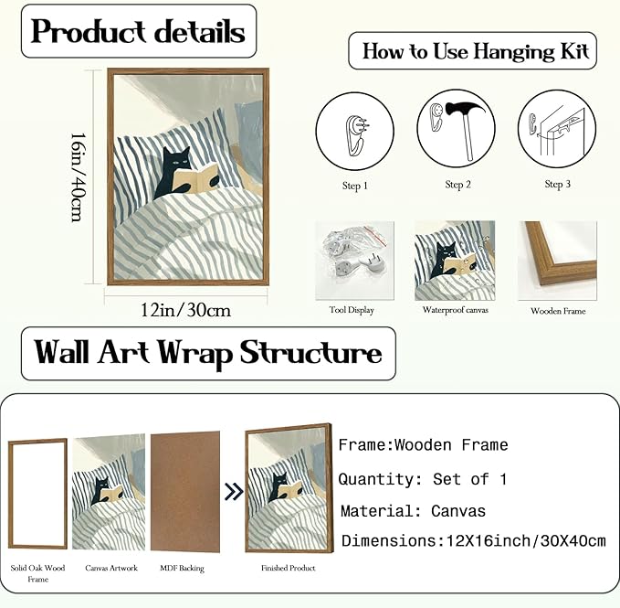 Funny Black Cat Wall Art Painting, Whimsical Cat in Stripe Bed Reading Wall - Image 3