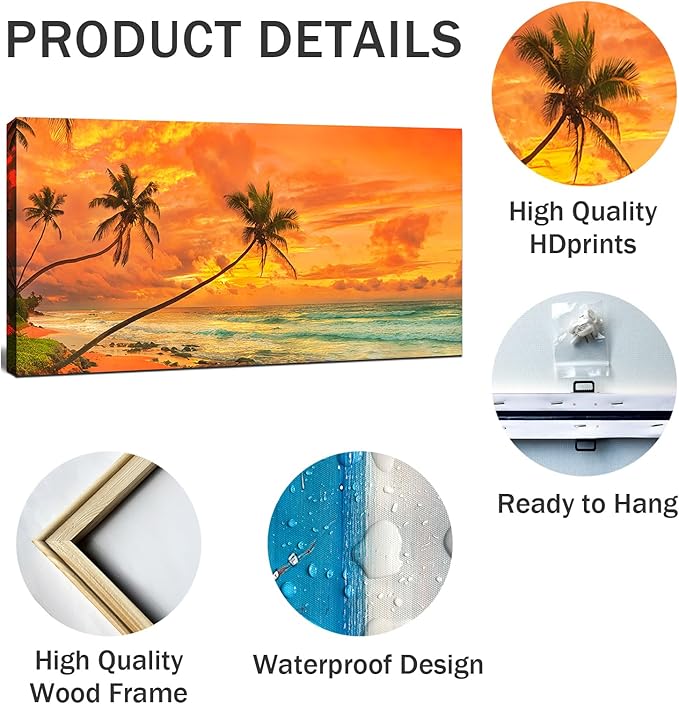 Tropical Beach Sunset Large Wall Art – Stretched & Framed Ocean Waves Canvas - Image 3