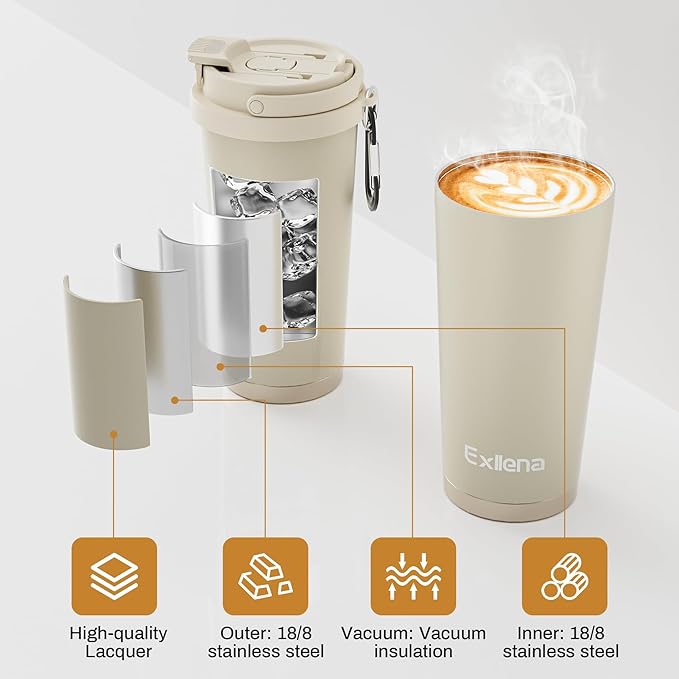 16oz Tumbler with 3 in 1 Lid - Travel Coffee Tumbler - 100% Leakproof and Spill Proof for Hot and Cold Drink - Coffee Mug for Travel, Office, School...(Beige)