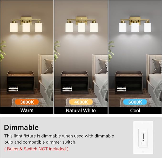 FonmYim Brushed Gold Bathroom Light Fixtures, 3-Light Modern Vanity Light Over - Image 7