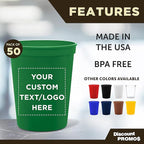 DISCOUNT PROMOS Custom Plastic Stadium Cups 16 oz. Set of 50, Personalized Bulk Pack - Perfect for Birthdays, Weddings, Picnic, Beach, Parties - Kelly Green