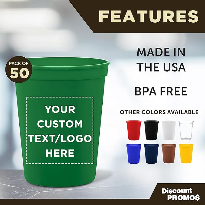 DISCOUNT PROMOS Custom Plastic Stadium Cups 16 oz. Set of 50, Personalized Bulk Pack - Perfect for Birthdays, Weddings, Picnic, Beach, Parties - Kelly Green