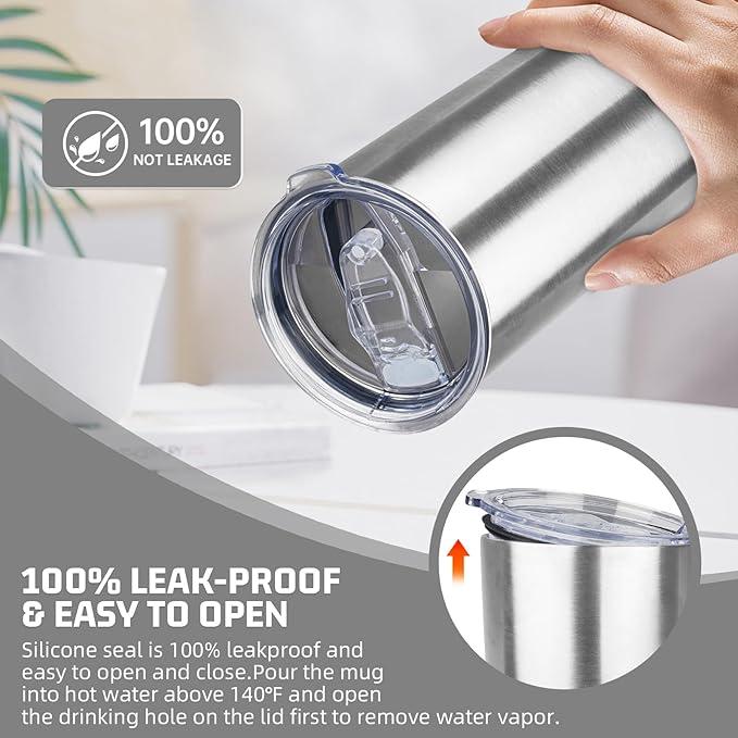 20 oz Tumbler with Lids and Straws, Stainless Steel Insulated Travel Coffee Mug, Double Wall Vacuum Insulated Tumblers, Powder Coated Coffee Tumbler for Cold & Hot Drinks (Silver, 4pack)