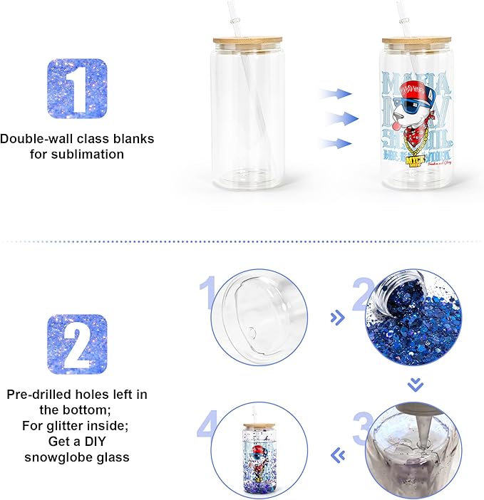 16oz SnowGlobe Cups, 25pack Sublimation Snowglobe Cup with Bamboo Lids and Straws, Double Walled Glass Mug Bulk, Pre Drilled Glass Blank for Snow Globe Glitter, Individual Packaging