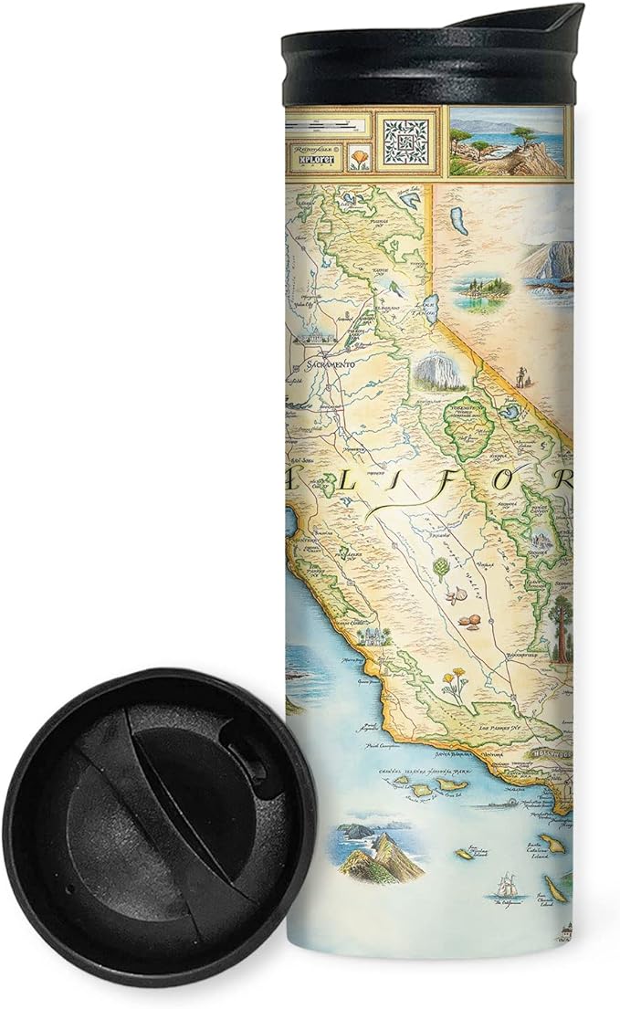 Xplorer Maps California Map 16 Oz Travel Drinkware with Spill-Resistant Lid - Stainless Steel Vacuum Insulated Coffee Tumbler