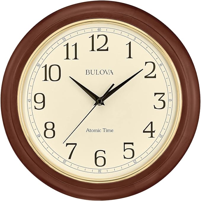 Bulova Atomic Time 2 Analog Wall Clock C5004 | 12.4" Wooden Frame, Sets Time by BulovaCorporation