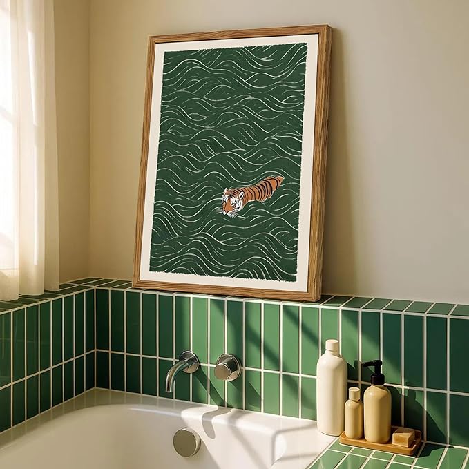 Framed Japanese Tiger Wall Art, Vintage Tiger Swimming Pictures Wall Decor - Image 4